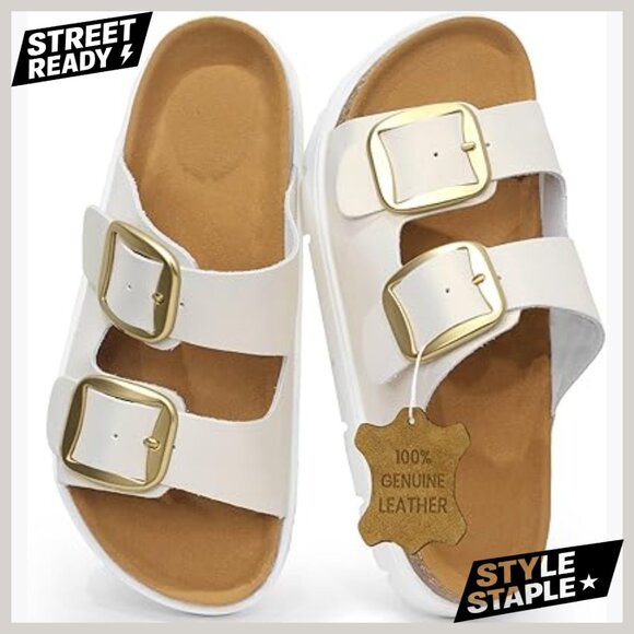 Genuine Leather Platform Sandals with Memory Foam Sole and Cork Footbed
